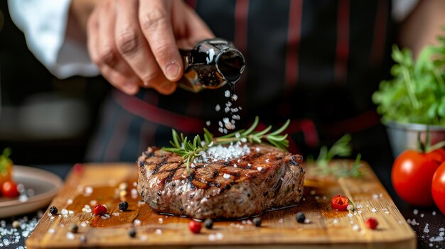 Closeup of hands pouring sauce on a juicy steak resting on a cutting board