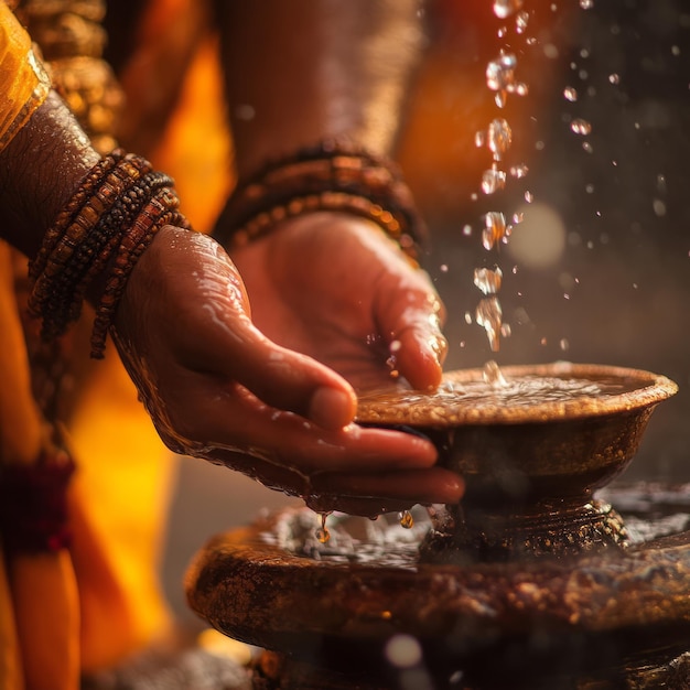 Photo closeup of hands pouring water into a small bowl during a religious ceremony