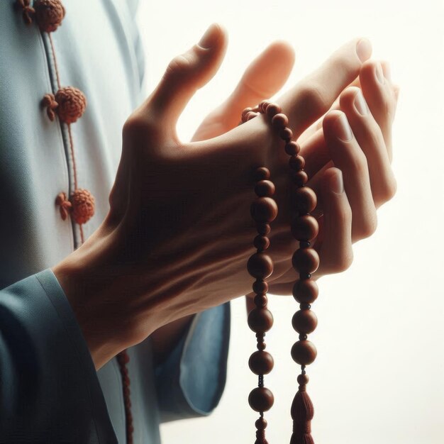 Photo closeup of hands in prayer holding beads on a clean white background