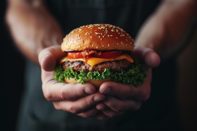 Closeup of hands presenting a delicious cheeseburger with fresh toppings