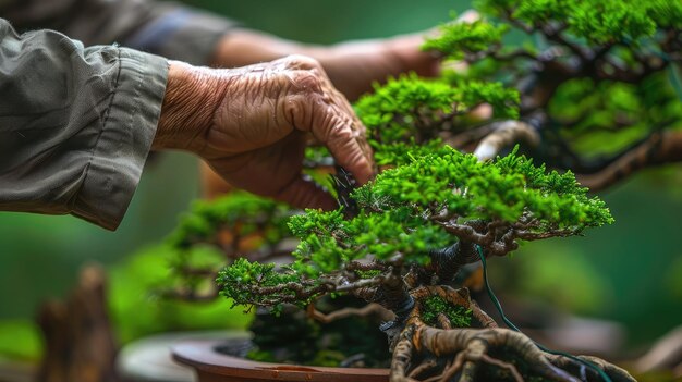 Photo closeup of hands pruning and shaping bonsai trees mastering the art of miniature landscapes