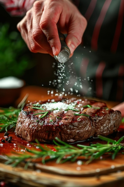 Closeup of hands seasoning a steak with salt enhancing its flavor