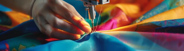 Photo closeup of hands sewing colorful fabric with a sewing machine showcasing the intricate details involved in textile creation