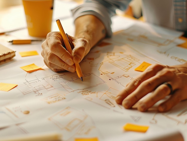 Photo closeup of hands sketching a project plan ai generative