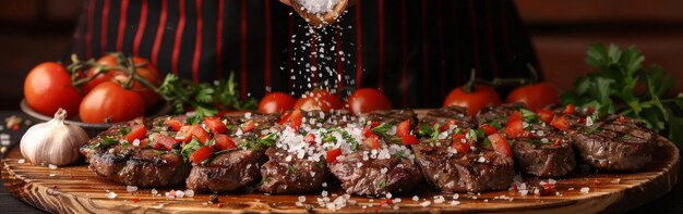 Closeup of hands sprinkling parmesan cheese on a juicy steak