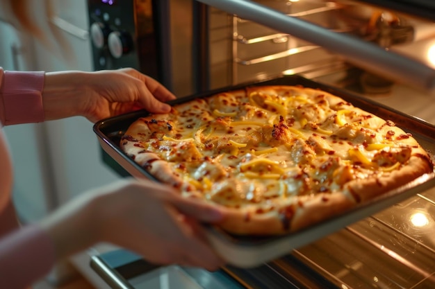 Photo closeup of hands taking out freshly baked homemade pizza from oven warm golden cheese pizza with crispy crust perfect for cooking blogs recipes and food photography generative ai