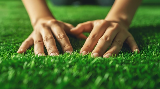 Photo closeup of hands touching vibrant green grass showcasing natural connection and earthy textures in an outdoor setting