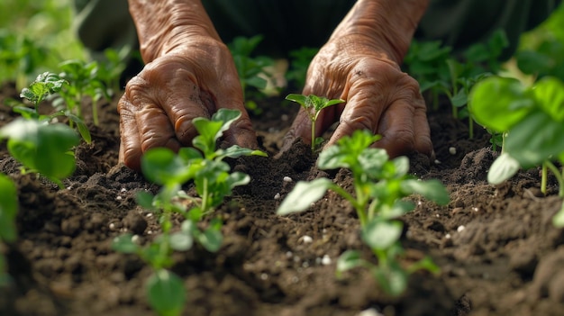 A closeup of hands transplanting seedlings into garden beds rich soil and small