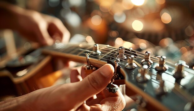 Photo closeup of hands tuning guitar with focus on headstock and strings