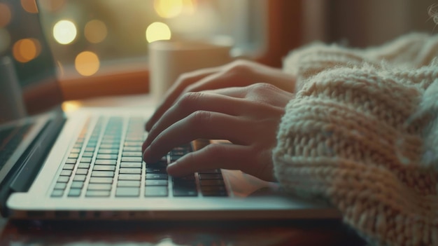 Closeup of hands typing on a backlit laptop keyboard in a dimly lit setting