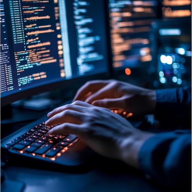 Closeup of hands typing code on a backlit keyboard in front of two computer monitors displaying code