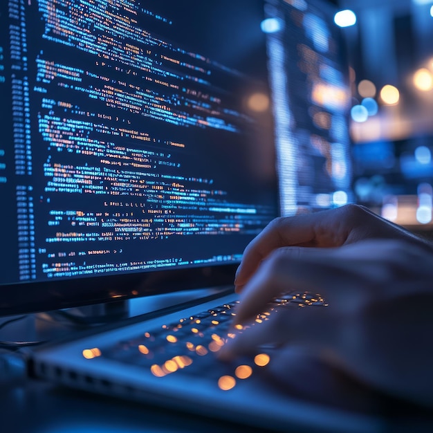 Closeup of hands typing code on a laptop with a monitor displaying code in the background