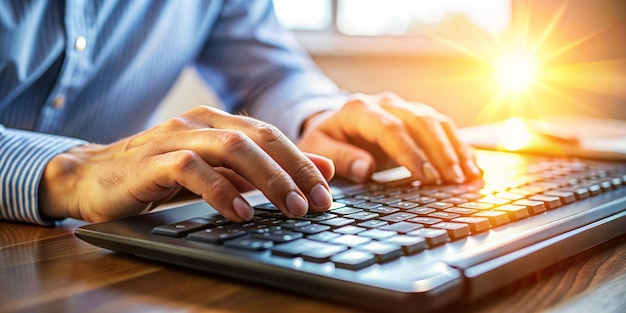 Photo closeup of hands typing on computer keyboard with lens flare