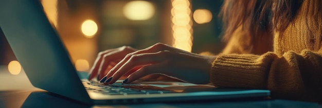 Photo a closeup of hands typing on a laptop in a cozy illuminated setting