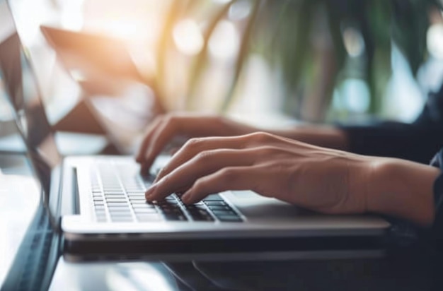 Closeup of hands typing on laptop keyboard in a professional office environment aig