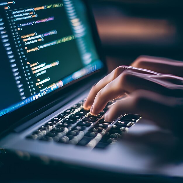 Closeup of hands typing on a laptop keyboard screen displaying code