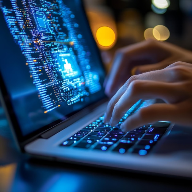 Closeup of hands typing on a laptop keyboard with code displayed on the screen