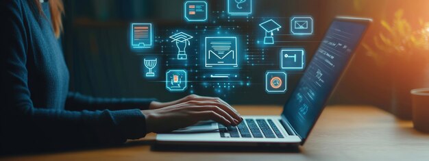 Photo closeup of hands typing on laptop with digital icons and online communication concept