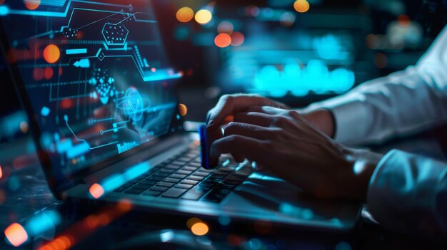 Closeup of Hands Typing on Laptop with Glowing Blue Interface