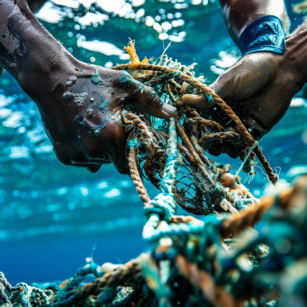 Closeup of hands untangling marine debris and fishing nets underwater emphasizing ocean conservation and marine life protection