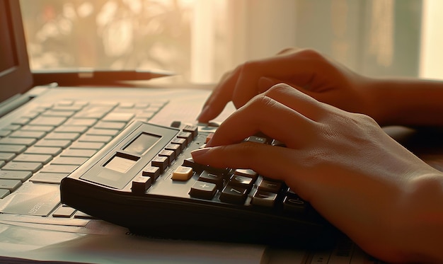 Photo closeup of hands using a calculator for financial planning