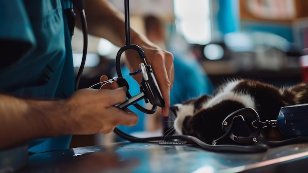 Photo closeup of the hands of a veterinarian listening with a phonedoscope to a cat at a r generative ai