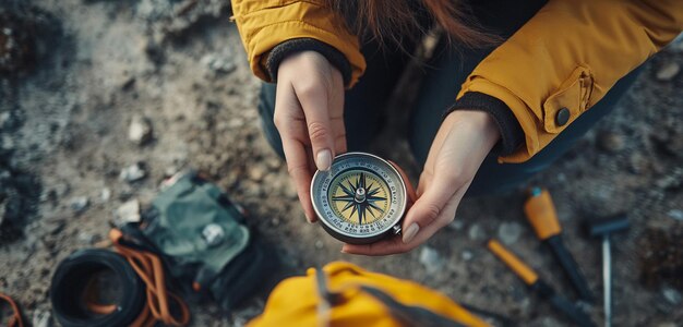 Photo closeup of hands with compass amidst survival tools