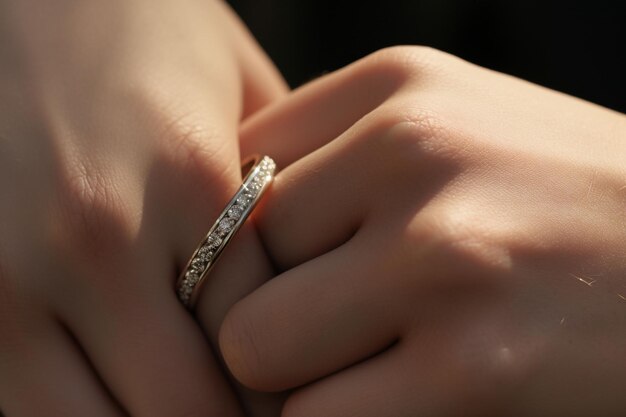 Closeup of hands with matching engagement rings Generative ai