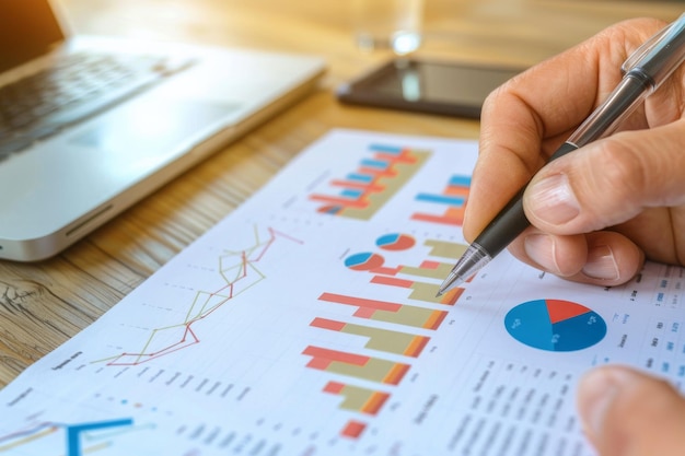 Photo closeup of hands with a pen and financial charts analyzing data and making strategic decisions during a business meeting