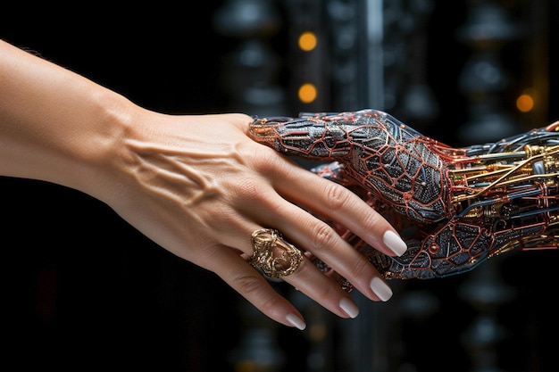 Closeup of the hands of a woman and a robot Dark blurred background