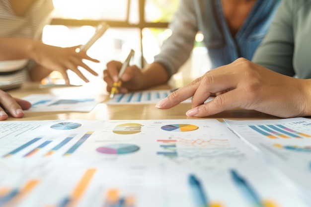 Closeup of hands working on business analysis charts and graphs