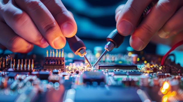 Closeup of Hands Working on Electronic Circuit Board A closeup shot of hands working on a c