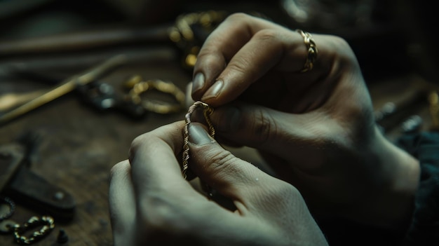 Photo closeup of hands working on intricate jewelry piece showcasing craftsmanship and attention to detail on a textured workbench