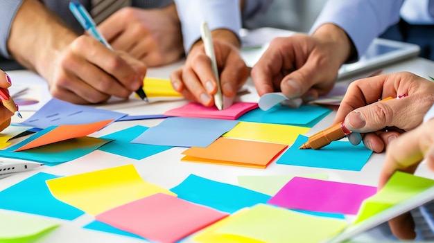 Closeup of hands writing on colorful sticky notes during a brainstorming session