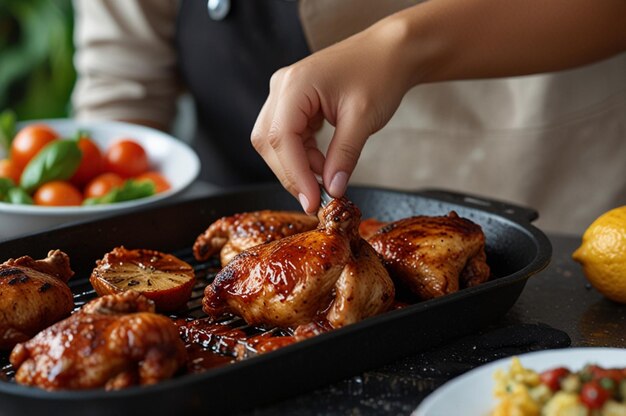 Photo closeup hands of young latin woman cooking chicken and spices in barbecue sauce at home