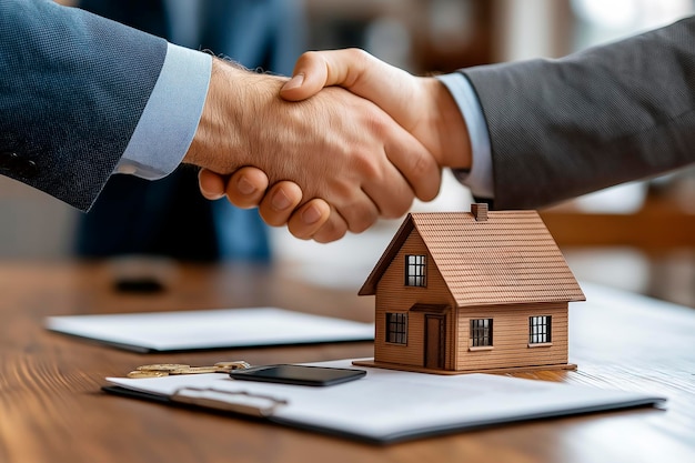 Photo closeup of handshake over real estate documents with model house on wooden table