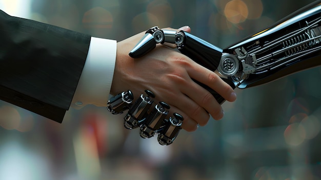 A closeup of a handshake between a robot and a human hand signifying collaboration ai generated