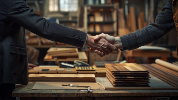 Photo a closeup handshake over a workshop table scattered with blueprints and tools