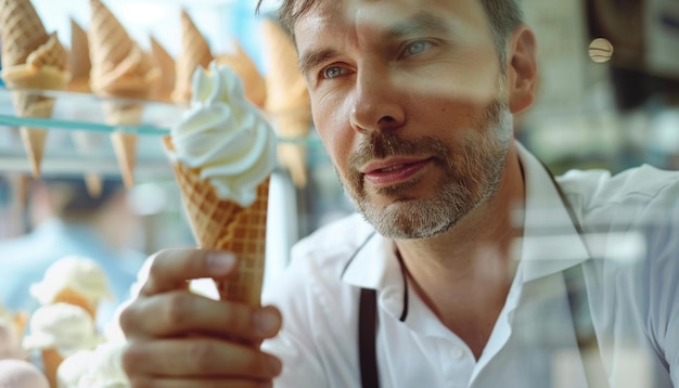 Photo closeup of a handsome man buying cone icecream from a ice cream shop