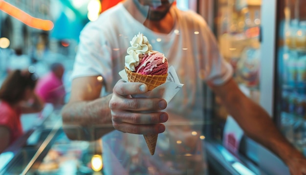 Photo closeup of a handsome man buying cone icecream from a ice cream shop