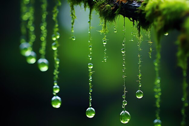 Closeup of hanging moss with dewdrops highlighted against a blurred green natural background