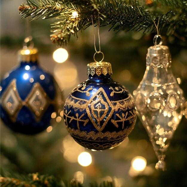 Photo a closeup of hanukkahthemed ornaments hanging on a tree or decorative display