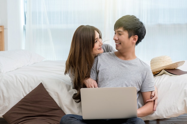 Closeup Happy Asian Lover or couple talking and smiling