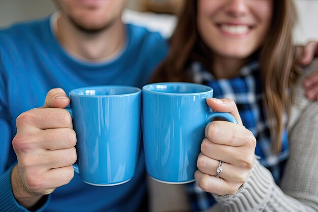 Photo closeup happy couple holding blue mugs