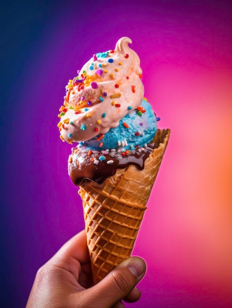 A Closeup of a Happy Face Licking and Biting a Yummy Ice Cream Cone in Summer generated by AI