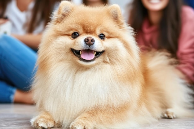 Photo closeup of happy fluffy pomeranian dog with smiling people in background