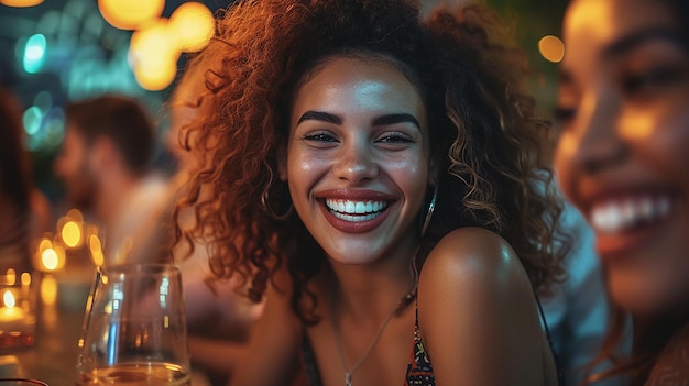 closeup of happy girl group of friends having fun together party laughter conversation bar