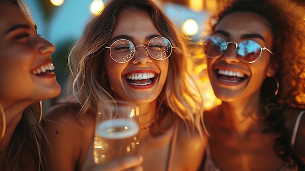 closeup of happy girl group of friends having fun together party laughter conversation bar