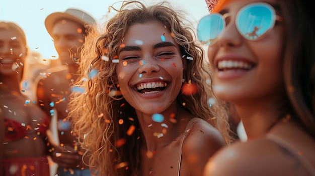 closeup of happy girl group of friends having fun together party laughter conversation bar