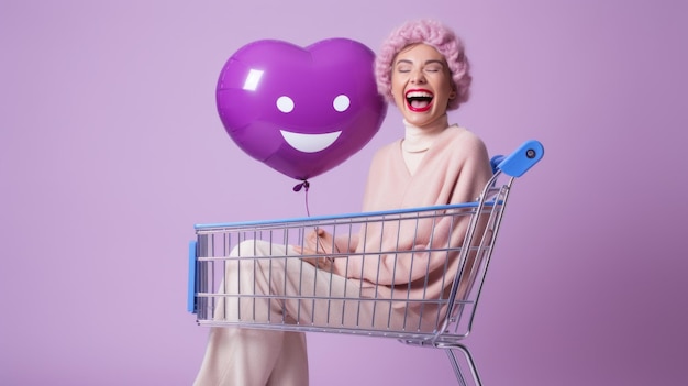 Closeup of a happy laughing young woman wearing a pink wig and holding a heartshaped balloon with a smiley face pattern sitting in a shopping cart on a purple background with a copy space